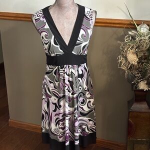 Iz Byer Black and Purple Patterned Midi Dress